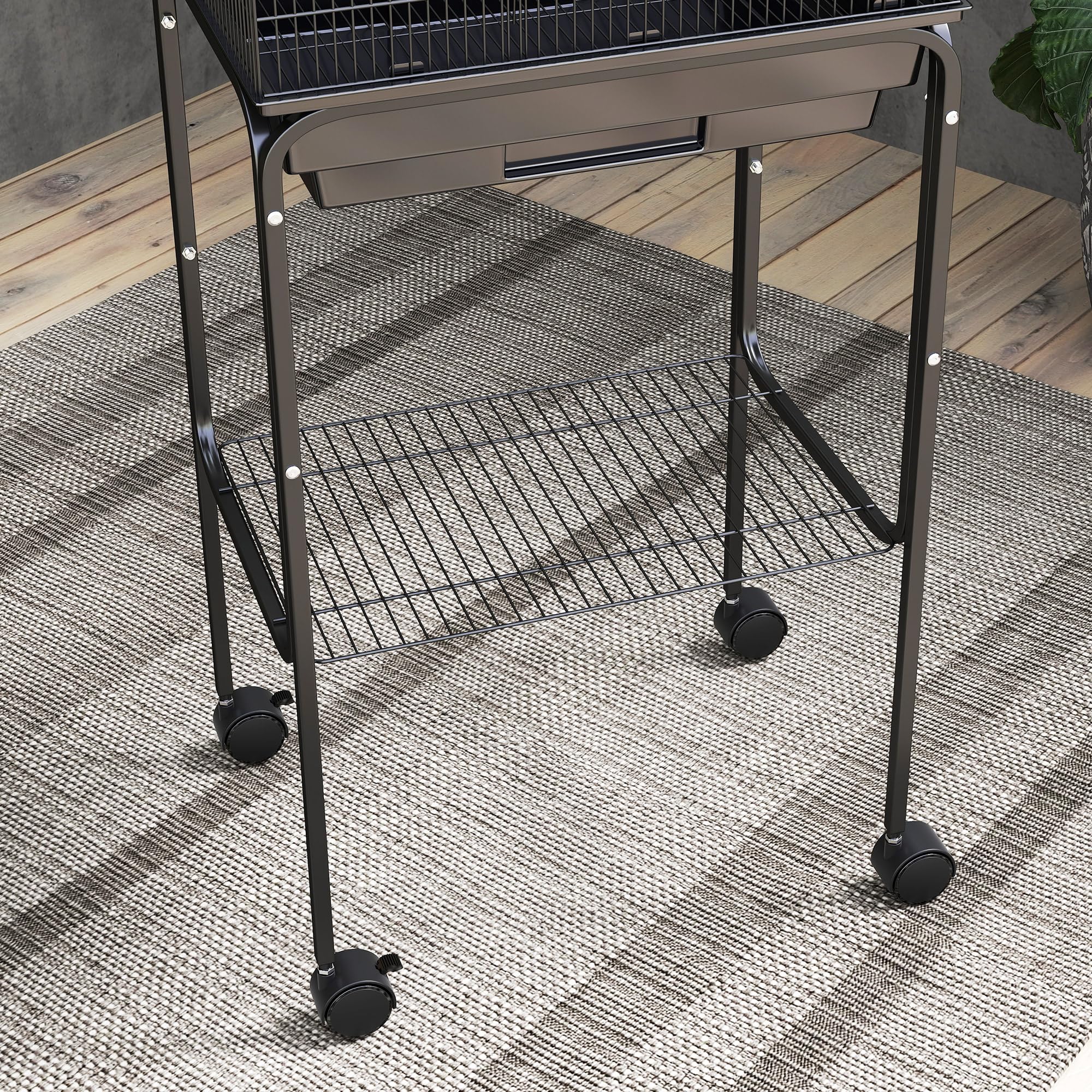 PawHut Jaula para pájaros para periquitos con ruedas de soporte, color negro, 46,5 x 36 x 124 cm | Jaulas para periquitos, para pinzón canario, bandeja deslizante, estante de almacenamiento de accesorios