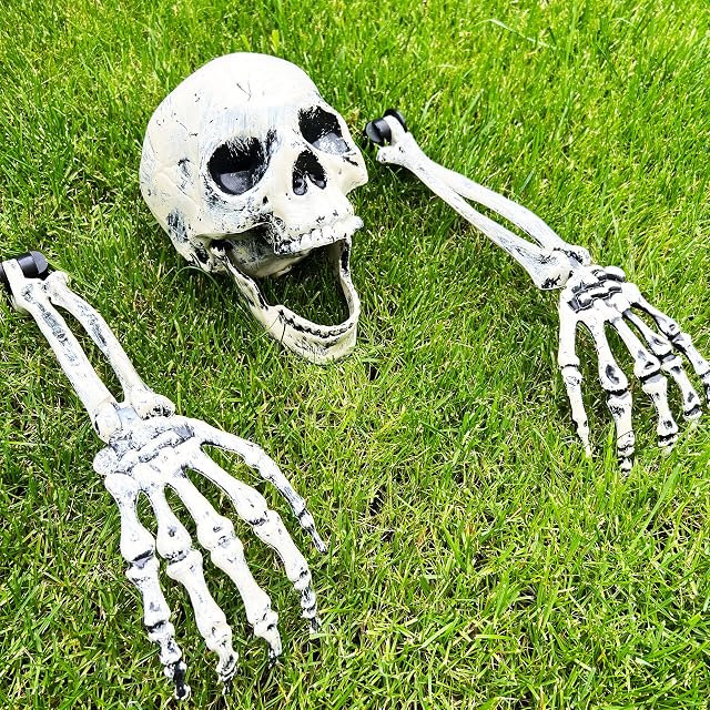 3pc Fake Skeleton Spooky Halloween Decorations Outdoor Skeleton Head & Skeleton Arms Halloween Garden Decorations - Halloween Groundbreaker for Graveyard a Haunted House Outdoor Halloween Decorations