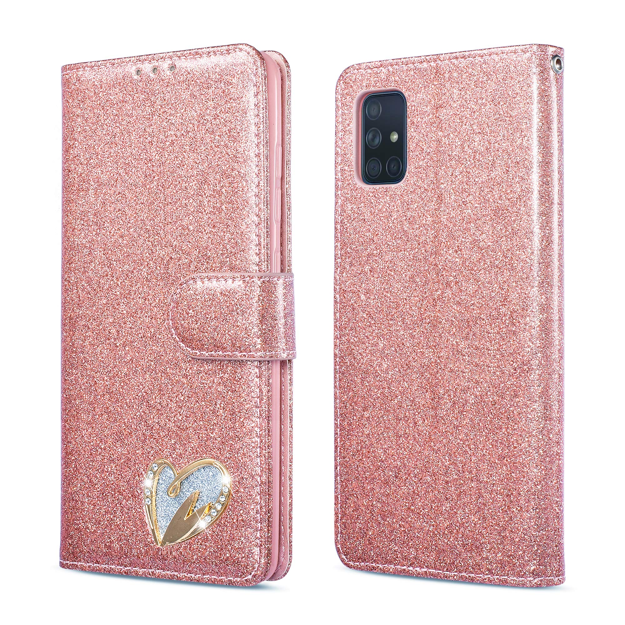 QLTYPRI for Samsung Galaxy A51 Case Wallet Case Bling Shiny Glitter Flip Folio Case Full-Body Protective Cover Card Slots Magnetic Closure Kickstand Wrist Strap for Women Girls - Rose Gold