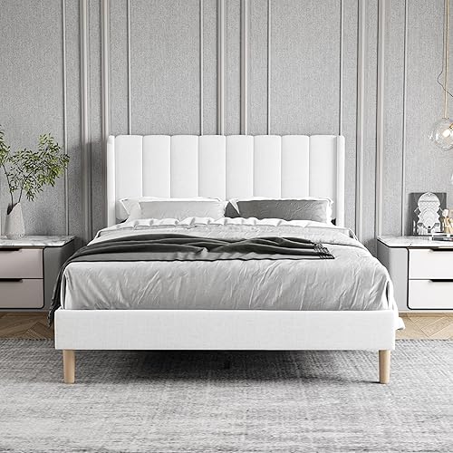 Miniatura 3 de Zoophyter Base de cama tapizada de tamaño matrimonial con cabecero, listones de madera fuertes, no necesita somier, fácil montaje, lino blanco