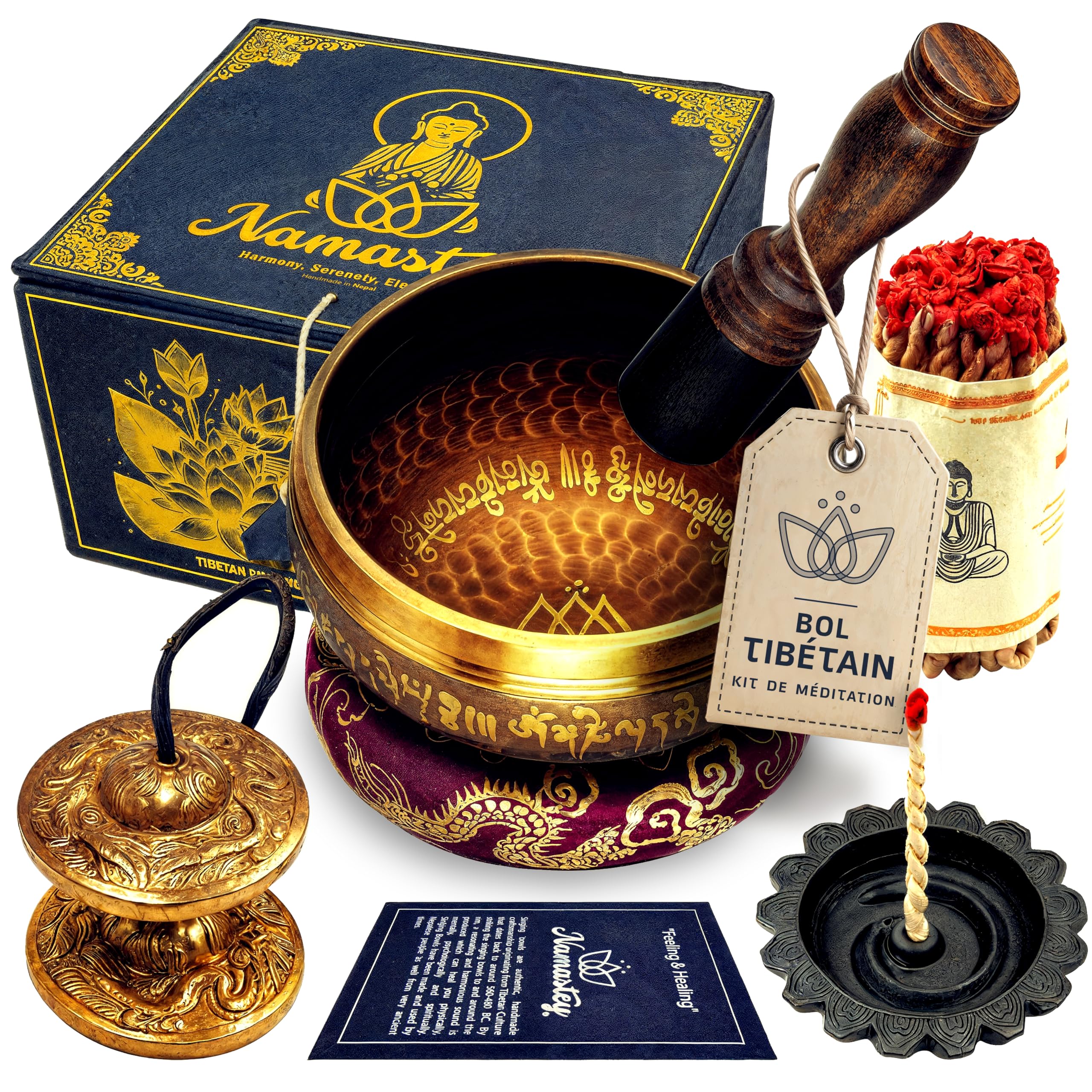 Bol Tibétain – Bol Chantant Ø10 cm Martelé à la Main au Népal – Tingsha Tibétain – Cordelette Encens Népalais – Brûleur – Coffret Papier Lokta – Accessoires Méditation – Yoga e Zen