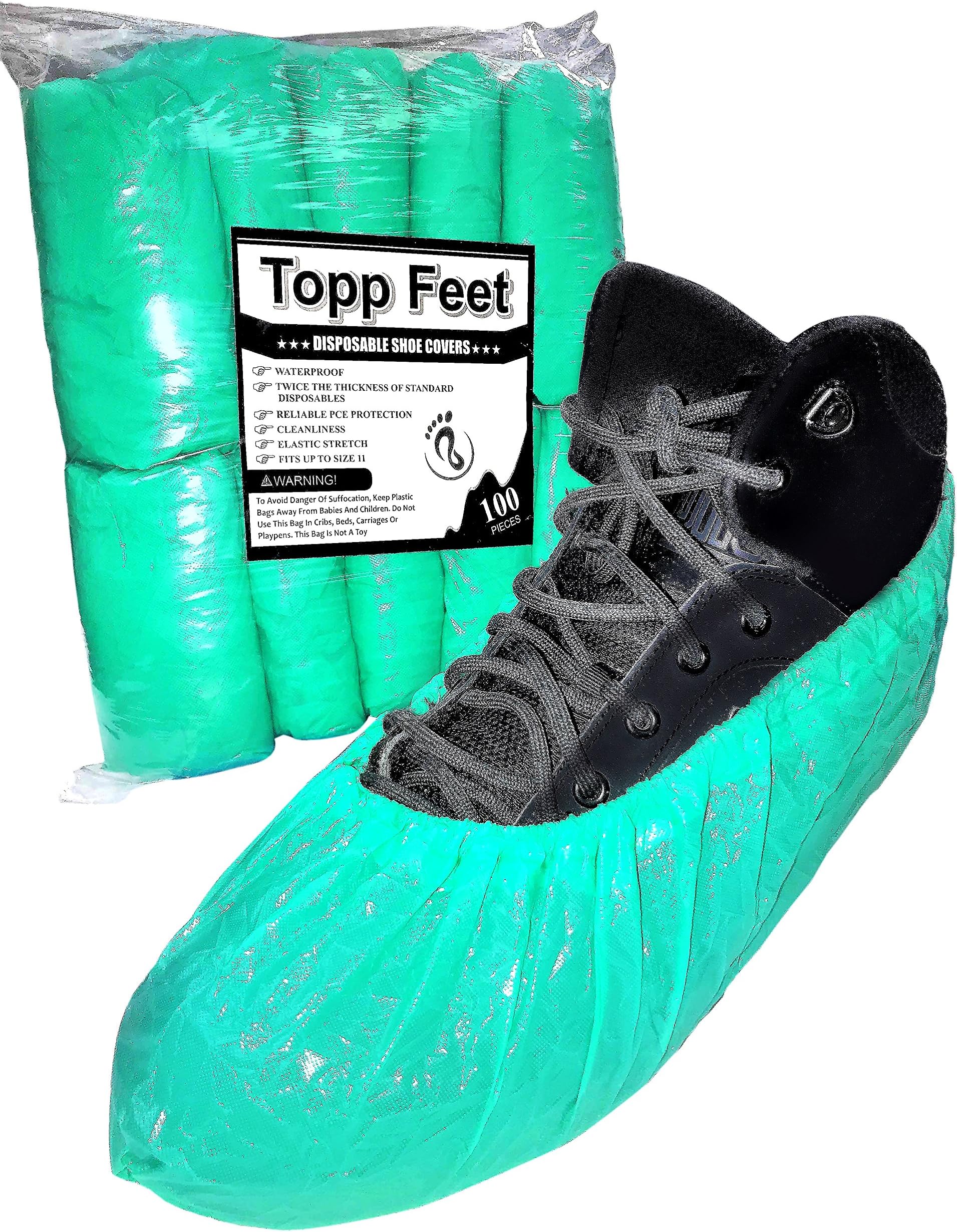 Disposable Shoe Covers By Topp Feet: Extra Thick Waterproof CPE Slip-On To Protect Feet, Shoes And Boots From Rain, Snow And Mud, Non-Slip One Size Fits All With Hand Sewn Elastic Stretch, Pack Of 100