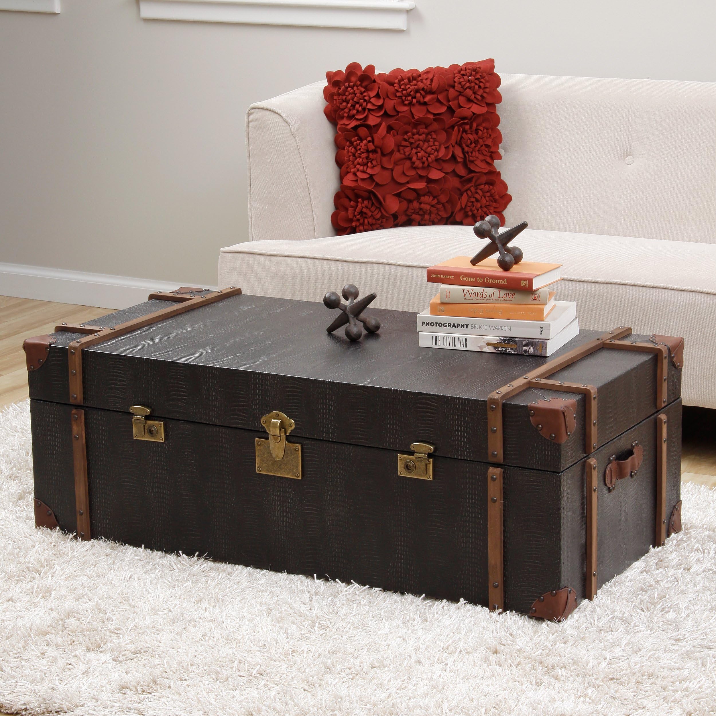 Metro Shop Journey Black Croc-embossed Leather Trunk Coffee Table--