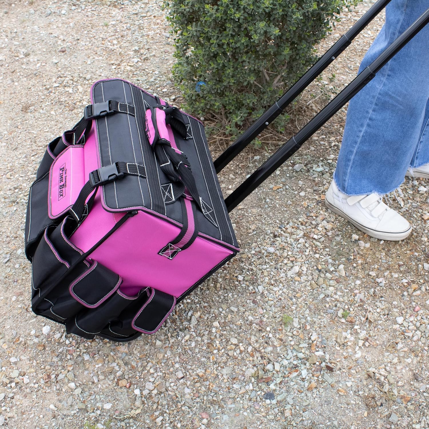 18-Inch Heavy Duty Rolling Tool Bag | Water Resistant, Portable Tool Storage Organizer with Wheels, Telescoping Handle, Pink
