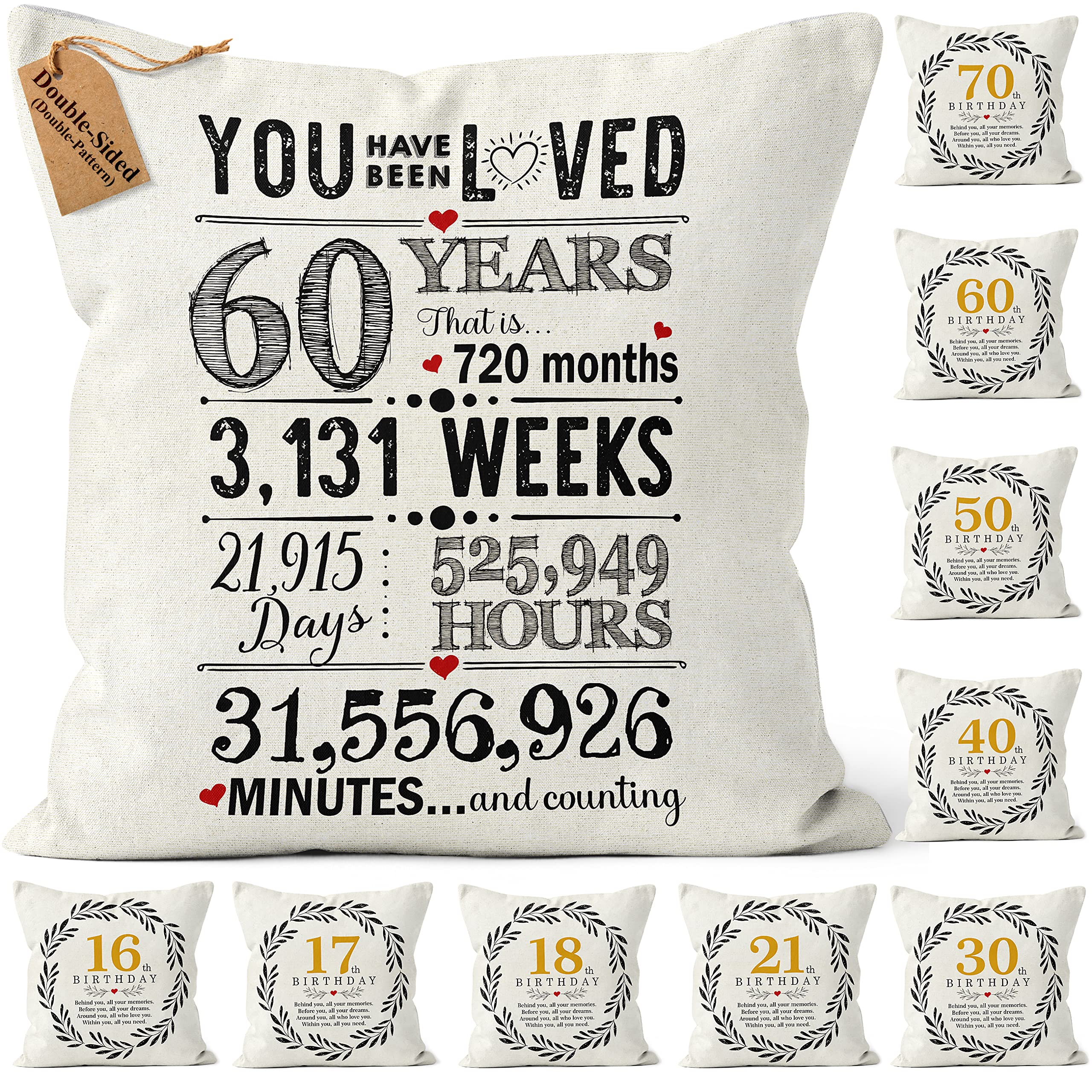 CROWNLY® (Double-Sided) 60th Birthday Gifts Cushion Cover 18x18 Personalised Gift for Women Grandma Birthday Present 45x45 Pillow Case