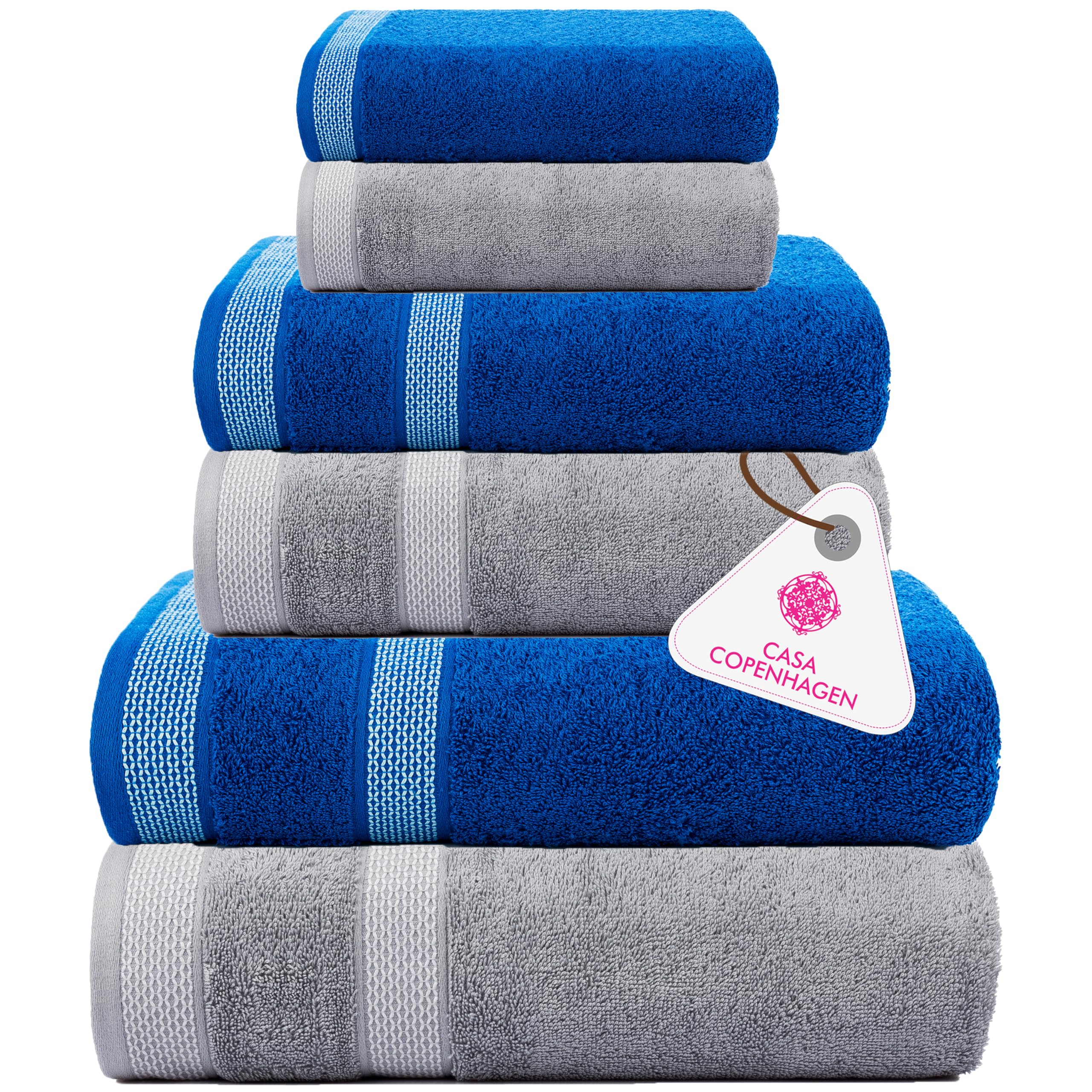 CASA COPENHAGEN Solitaire Mix 6 Pieces Towel Set- Grey Violet+Electric Blue, 600GSM 2Bath Towel 2Hand Towel 2Washcloth, Designed in Denmark Made of