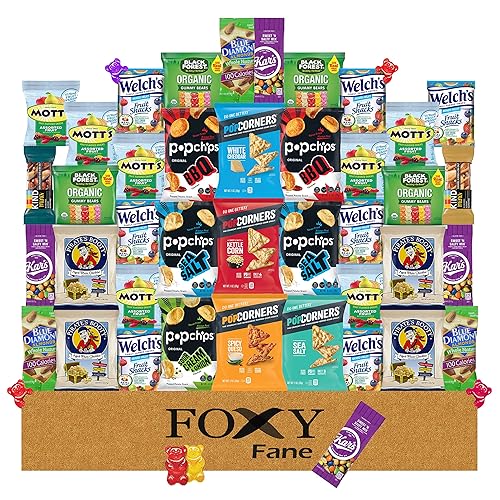 Foxy Fane Caja de aperitivos saludable sin gluten de 40 unidades, paquete de cuidado de regalo completo lleno de variedad de papas fritas, nueces,