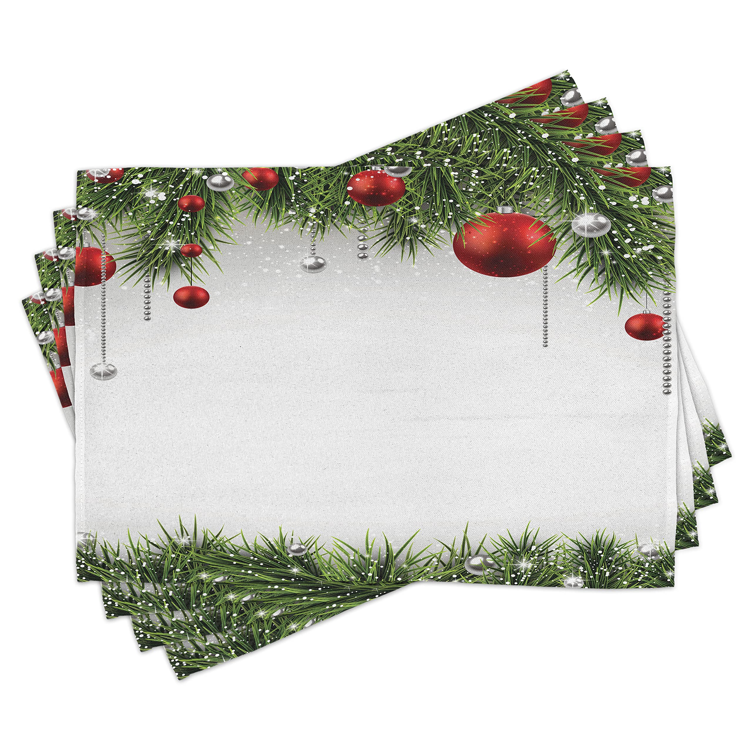 ABAKUHAUS Christmas Placemats, Tree Balls Ornaments, Washable Fabric Dining Room Kitchen Table Decoration Digital Print, Green Red