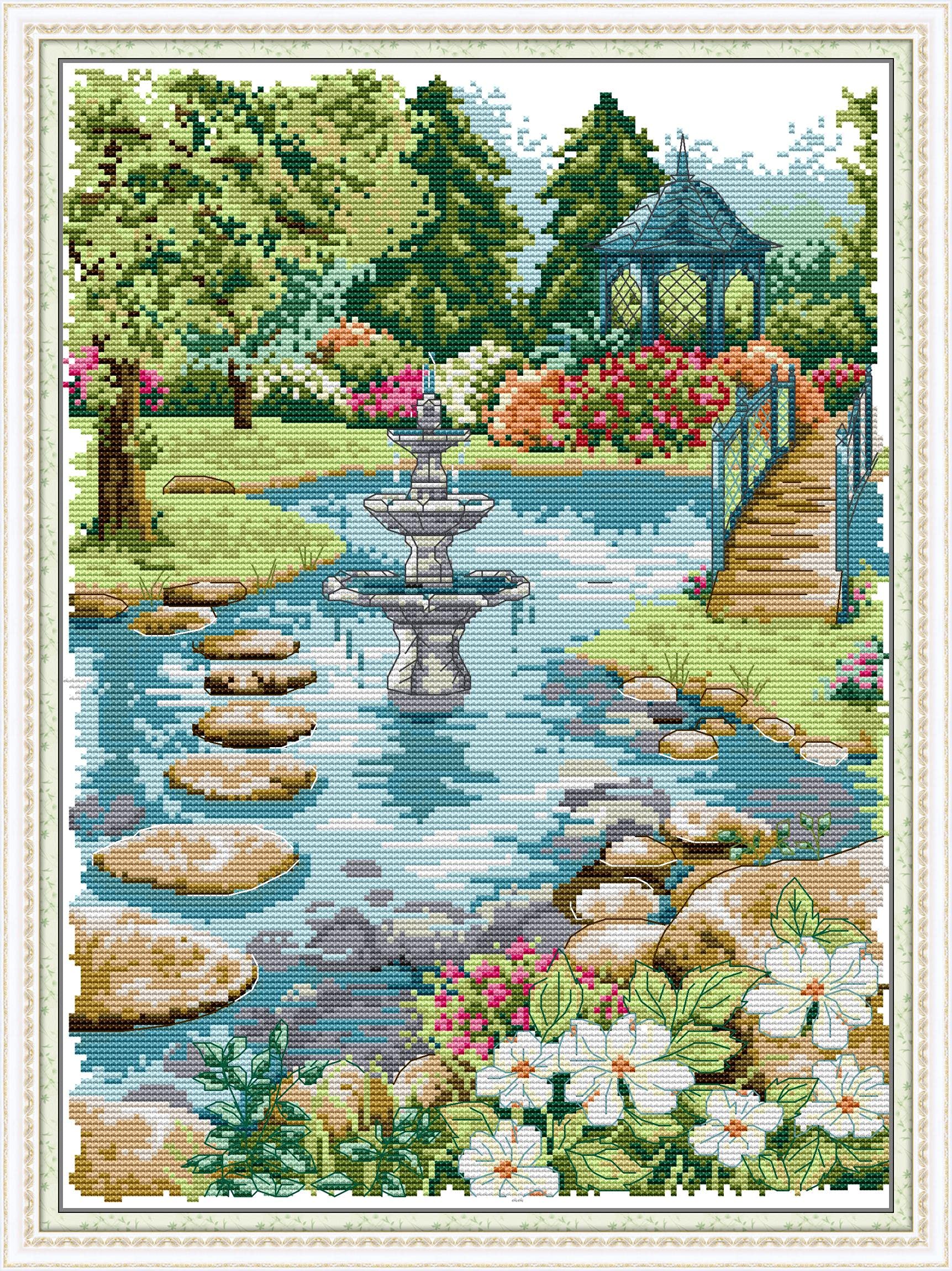 Joy Sunday Cross Stitch Kits Stamped Full Range of Embroidery Starter Kits for Beginners DIY 11CT 3 Strands -Waterfront Garden (Printed) 16.5×21.7 inch