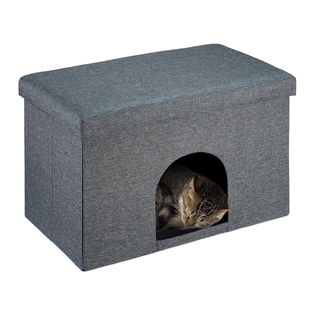 Relaxdays Cueva para Gatos con Asiento, Taburete Plegable con Casita para Perros y Felinos