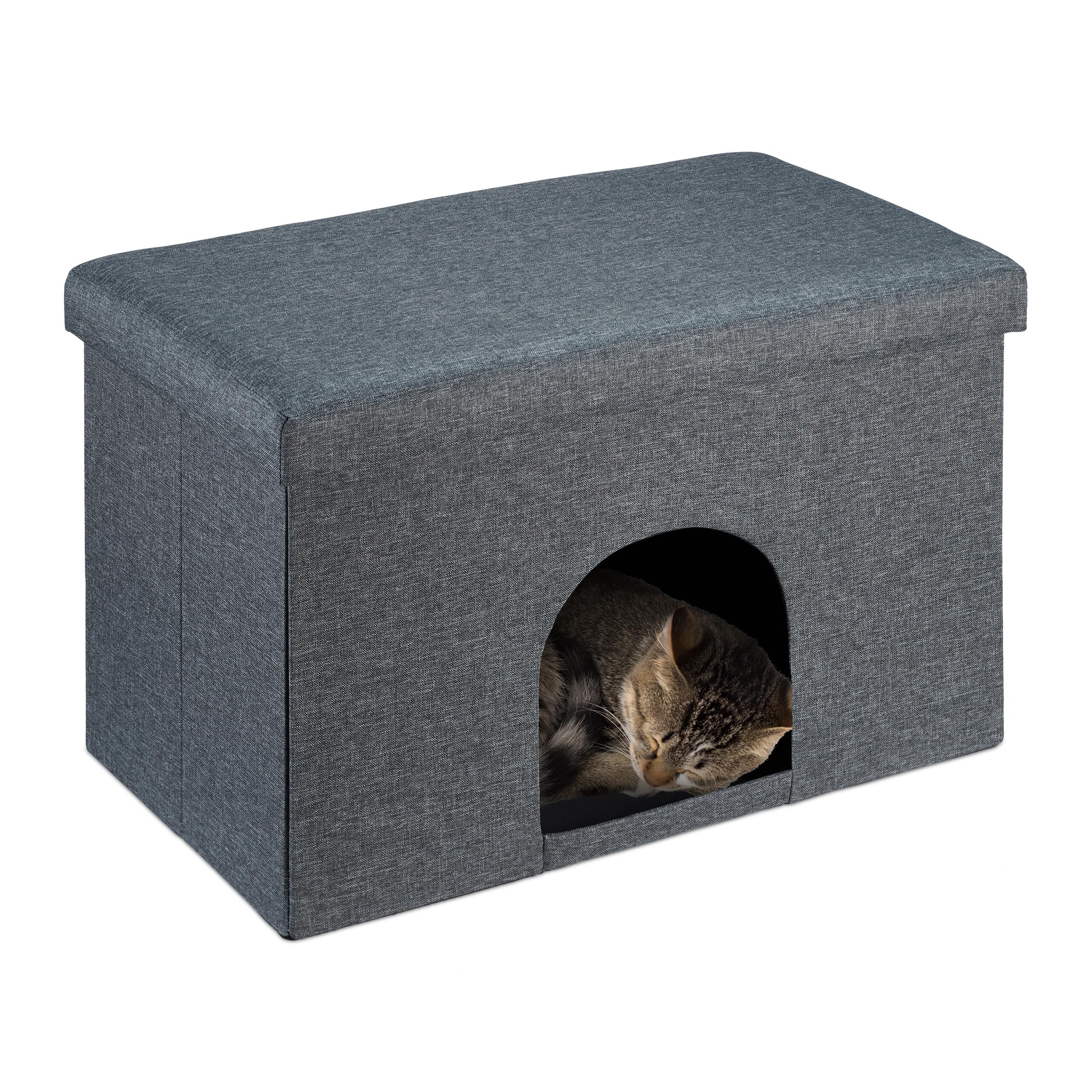 Relaxdays Grey Cat Cave With Seat Pad, Foldable Stool, Ottoman, Cosy Hiding Place For Pet, Hxwxd: 38.5 X 64.5 X 37.5 Cm,