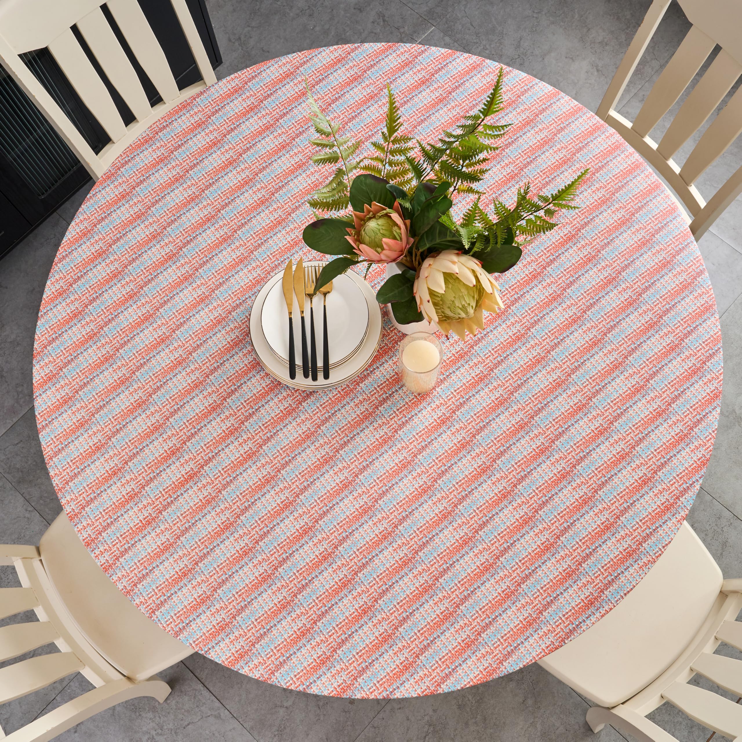 Pioggia Round Vinyl Fitted Tablecloth with Flannel Backing Elastic Table Cloth Waterproof Oil-Proof Plastic Table Cover Best for 32"-36" Round