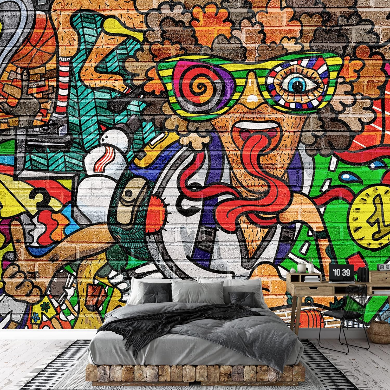 wall26 Removable Wall Sticker/Wall Mural Colorful Cartoon Character Brick Wall Graffiti & Street Art Cityscape Digital Art Realism Urban Edgy for Living Room, Bedroom, Office - 66x96 inches