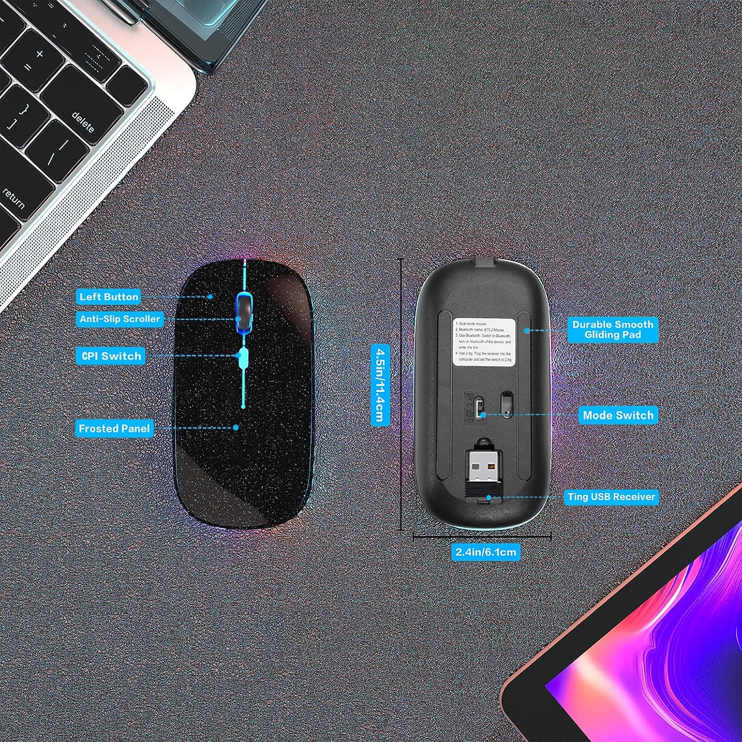 AIKOKOK Wireless Bluetooth Mouse, Rechargeable, Dual Mode Bluetooth 5.2 & 2.4G USB, LED Lights, Slim, Silent, Portable Computer Mouse for Laptop, PC, MacBook, iPad, Tablet (Black Pearl) 5 A1f7NjDistL. AC SL1500