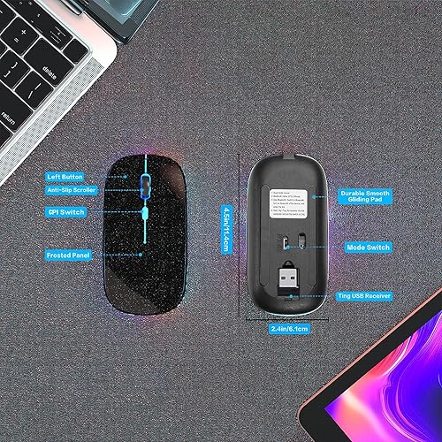 Miniatura 4 de Ratón inalámbrico Bluetooth recargable para laptop con uso LED portátil (BT5.2 y USB 2.4G) Conexión de modo dual Ratón silencioso delgado para