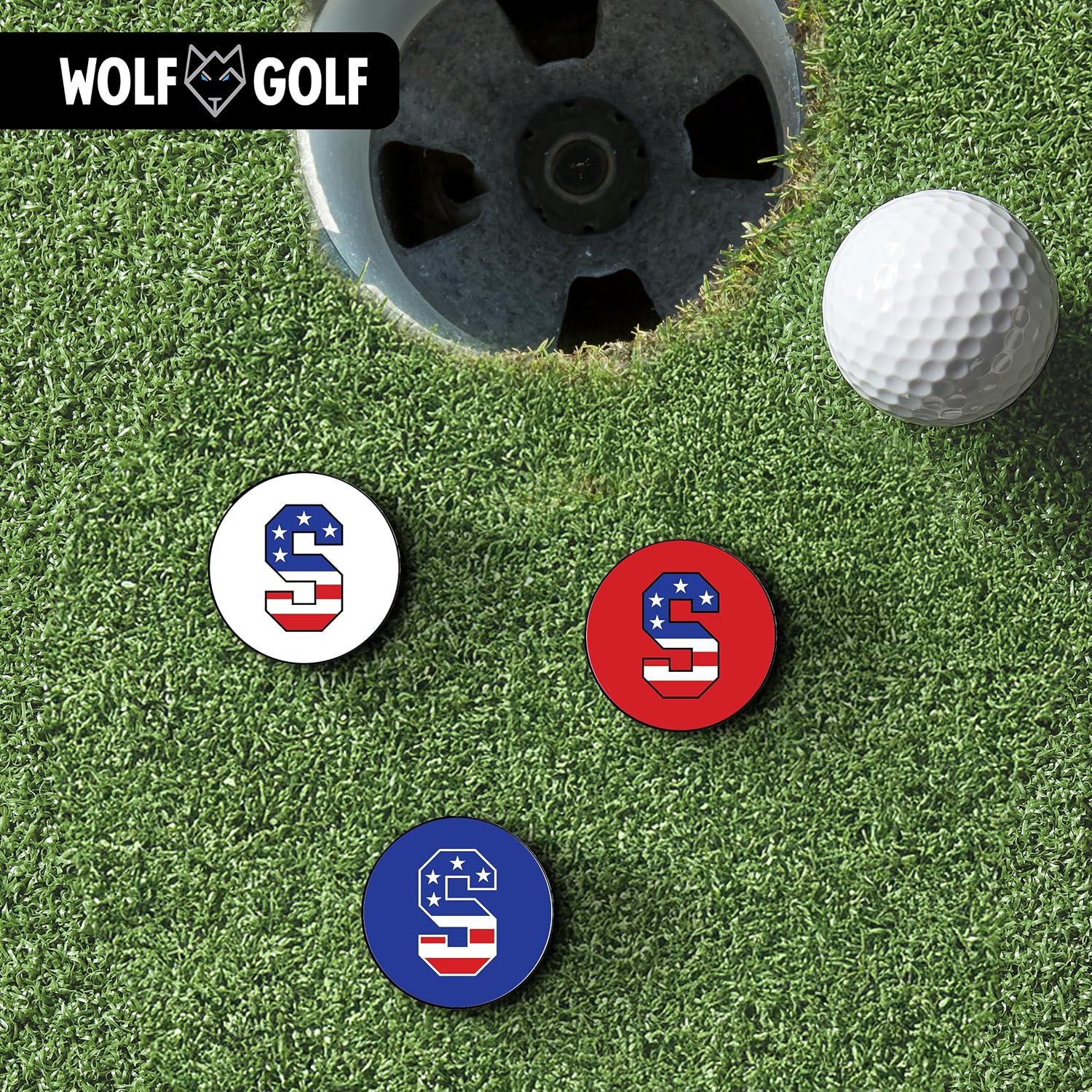 Wolf Golf Towels Golf Ball Marker Hat Clip | USA Monogram | 1 Magnetic Clip + 3 Ball Markers | Patriotic Golf Accessories for Men & Women image 2