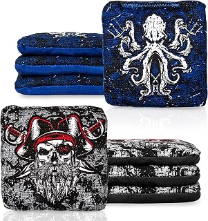 Play Platoon Tournament Series Cornhole Bags - Pro Style Dual Sided Slick and Sticky Side Bags - Set of 8 - Designed in USA - 4 Gray Pirates & 4 Blue Krakens - Designed in U.S.A
