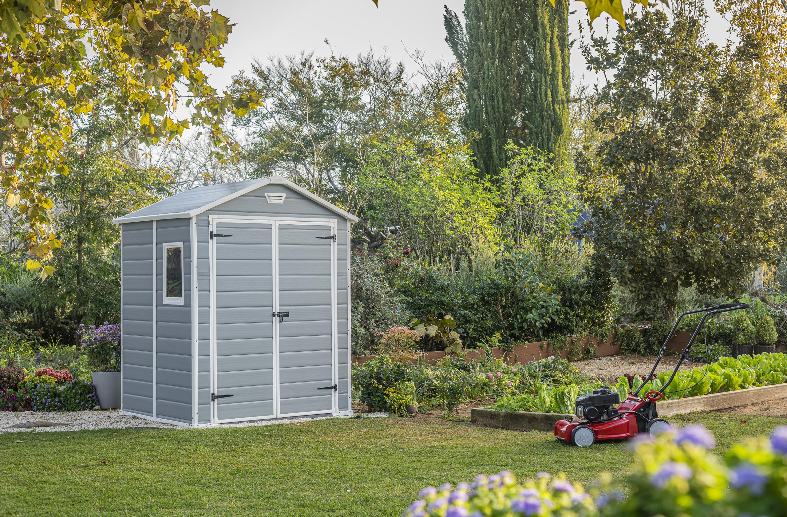 Keter Manor 6x5DD Gartenhaus wetterfest 4.8m³, Kunststoff, Outdoor, Außenmaße: BxTxH:185x152x226cm, Innenmaße: BxTxH:169x138x219cm, grau