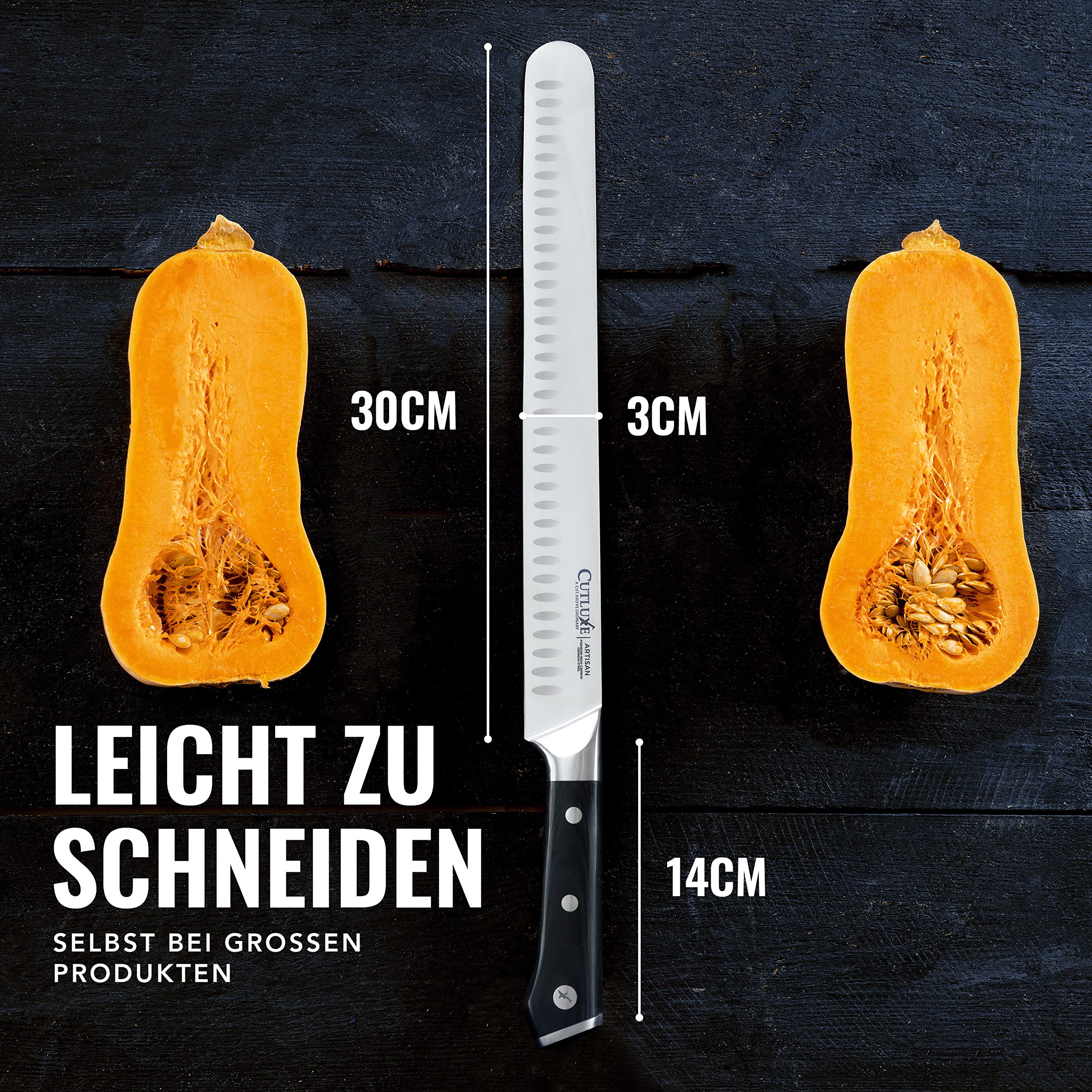 Cutluxe Dönermesser Schinkenmesser – 30cm Tranchiermesser, Fleisch- und BBQ Messer– Deutschem Stahl, Volltang & ergonomisches Griffdesign mit Scheide – Artisan Serie