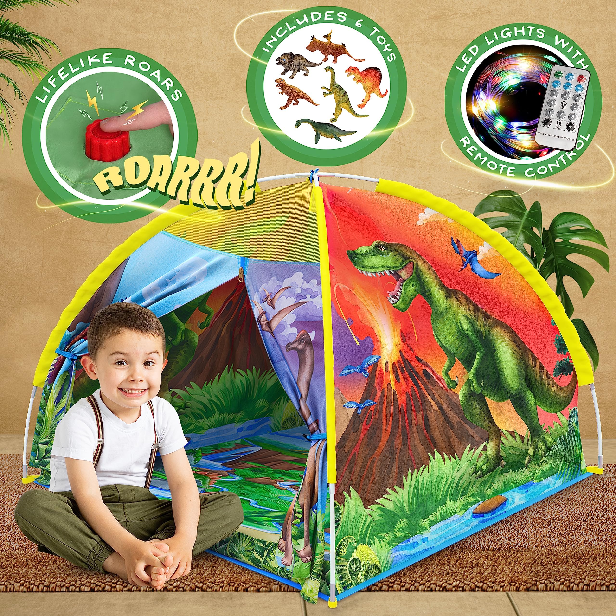 W&O Dino Super Dome with Roar Button, Dinosaur Toys and LED Lights - Epic Dinosaur Tent for Kids Aged 3-12 - Perfect for Indoor & Outdoor Adventures