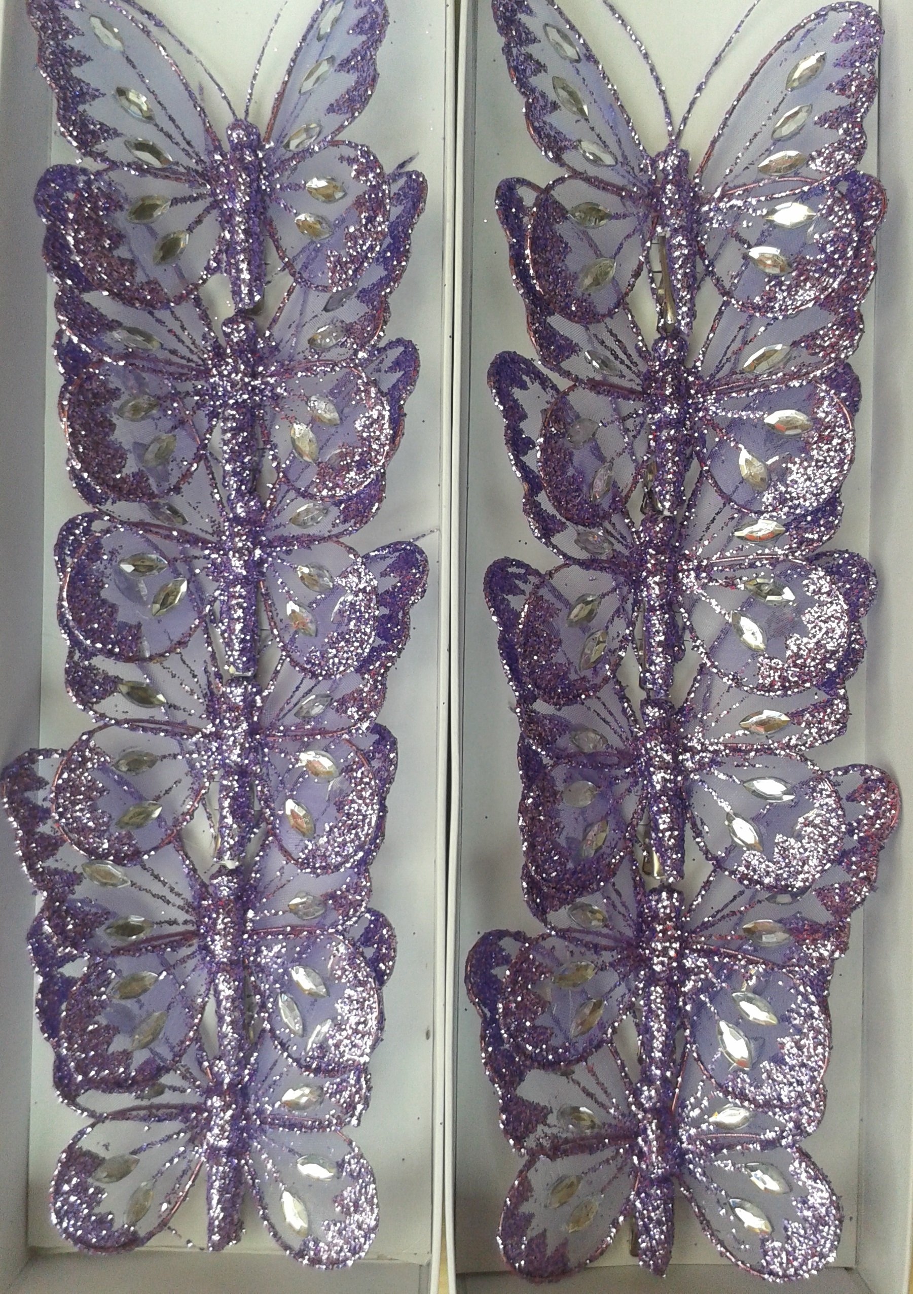 GLITTERED CLIP ON BUTTERFLIES 8CM, PK OF 12 [Lilac]