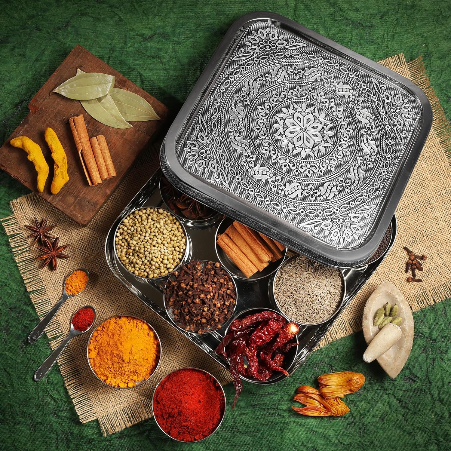 Designer Indian Spice Tin Stainless Steel Masala Dabba LARGE Curry Cooking Spice Tiffin Tin Box Kitchen Masala Container Spice Container 9 Compartments Storage Set