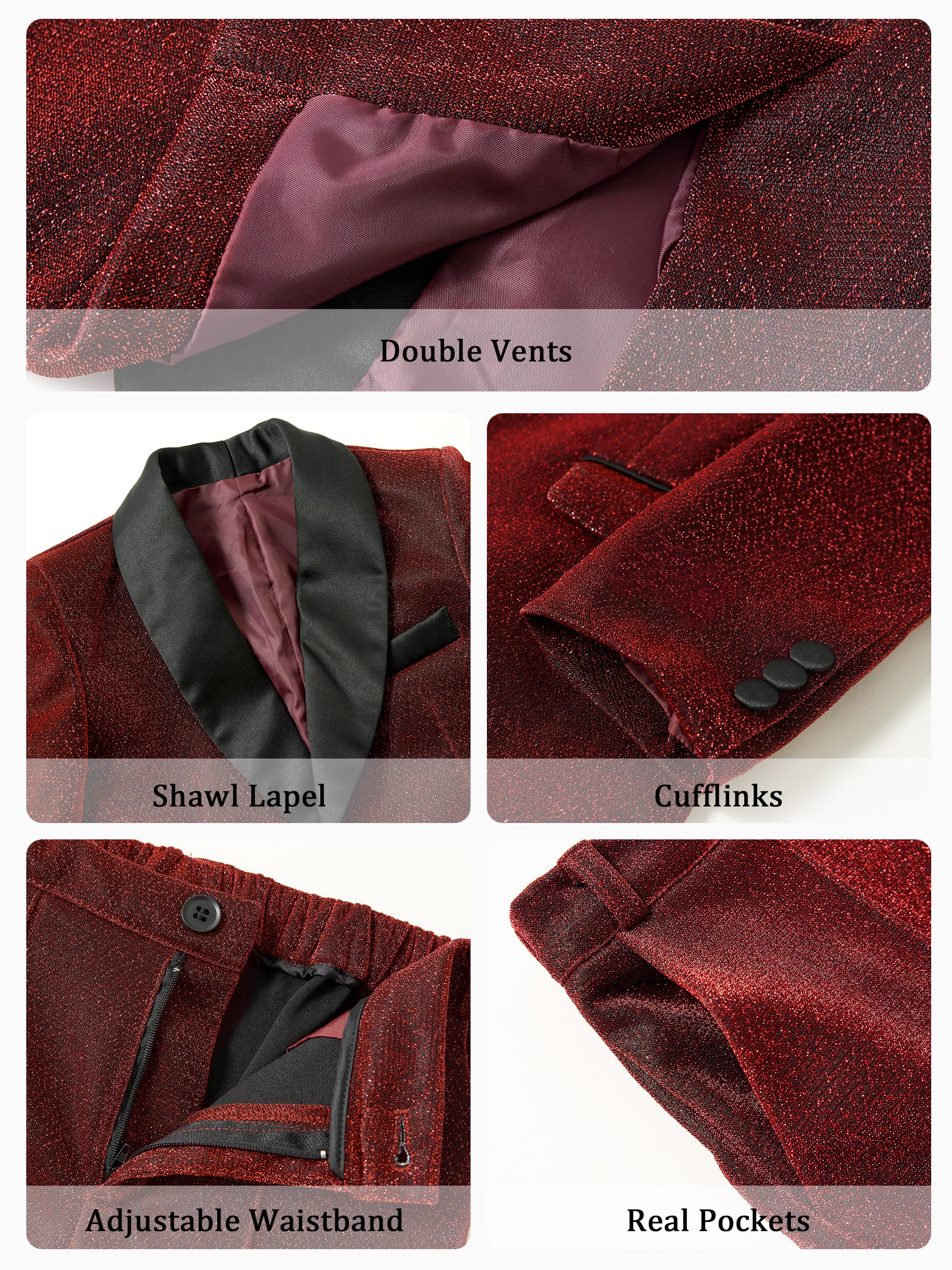 LOLANTA Traje de 4 Piezas para Niño, Set Smoking para Niños, Traje Brillante para Fiesta o Prom, Traje de PAJE para Boda con Blazer, Pantalones, Camisa y Pajarita