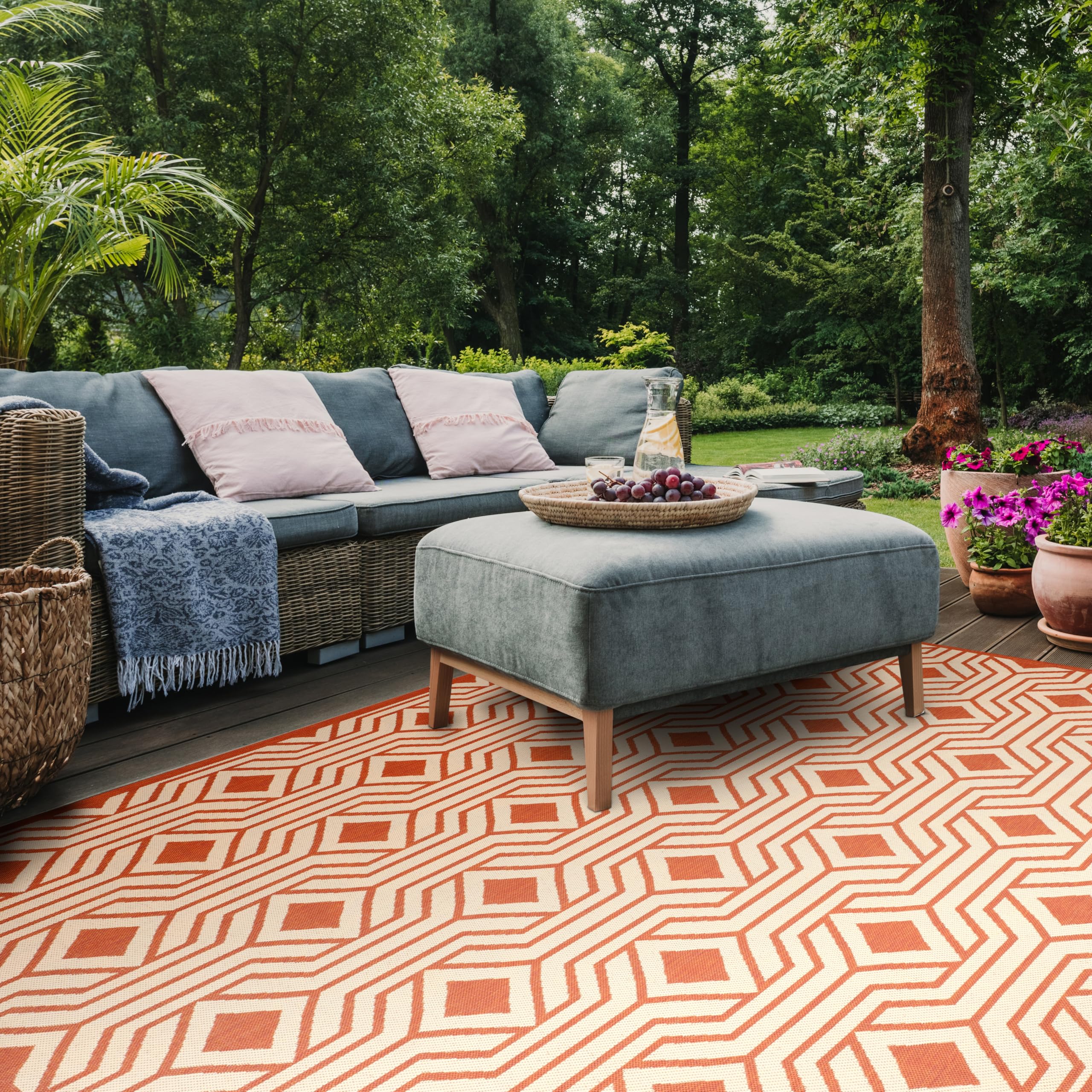 SAFAVIEH Tapis Contemporain Pour Salon, Salle à manger, Chambre à coucher - Courtyard Collection, Tapis à poil court, Beige et Terracotta, 201 X 290 cm