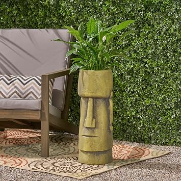 roomfitters Glacier Cast Stone Urn Planter, Moai Design for Indoor and Outdoor Spaces, Durable Antique Green Finish