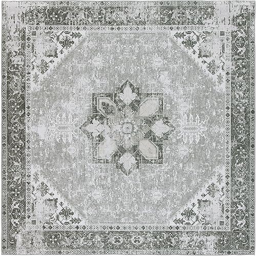 SAFAVIEH Alfombra lavable Tucson Collection - Cuadrada de 5 pies, salvia oscura y marfil, antideslizante, ideal para zonas de alto tráfico en sala