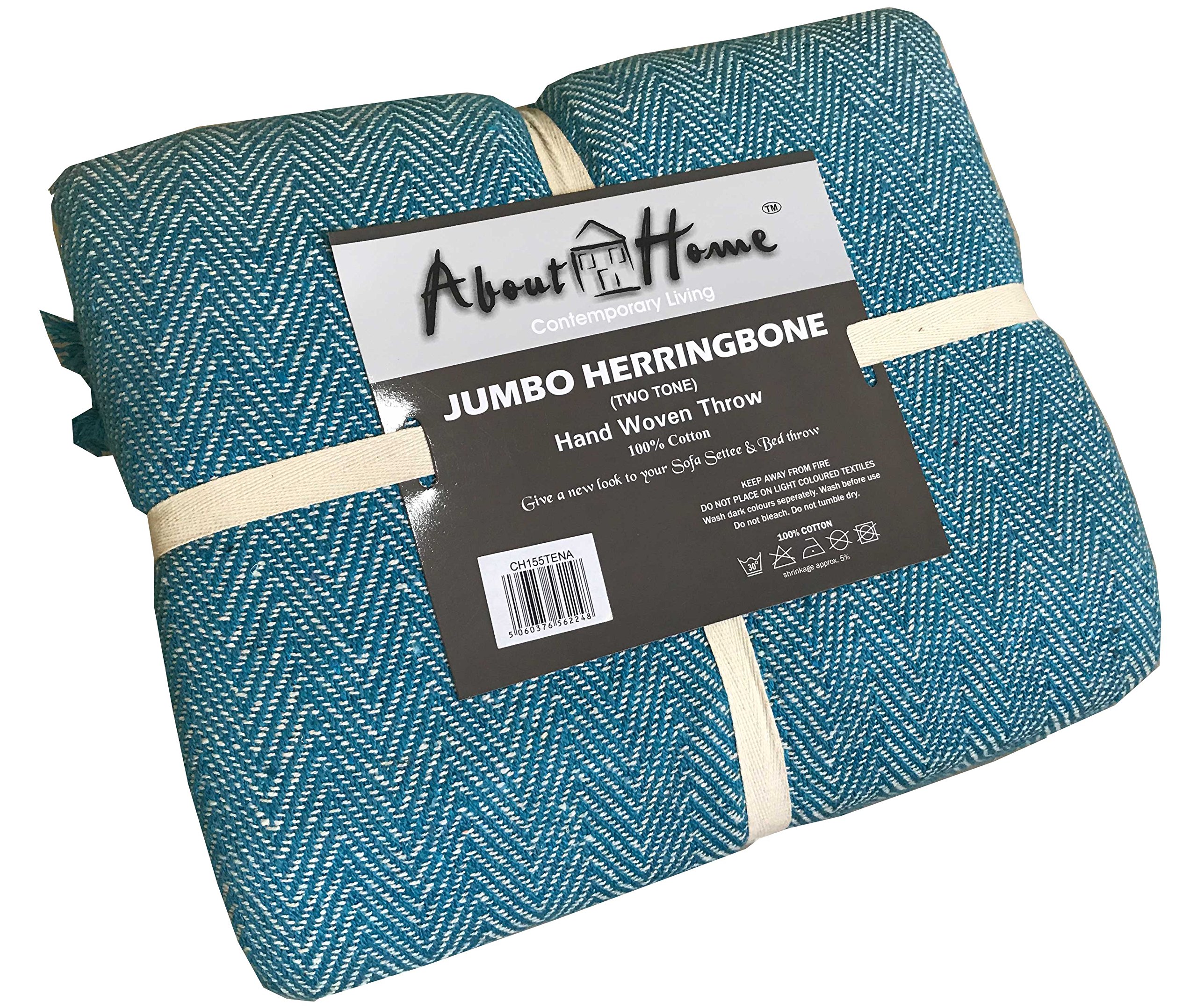 About Home Teal/Natural Cotton Rich Herringbone Blanket Throw, Settee Cover (, 102"X155")