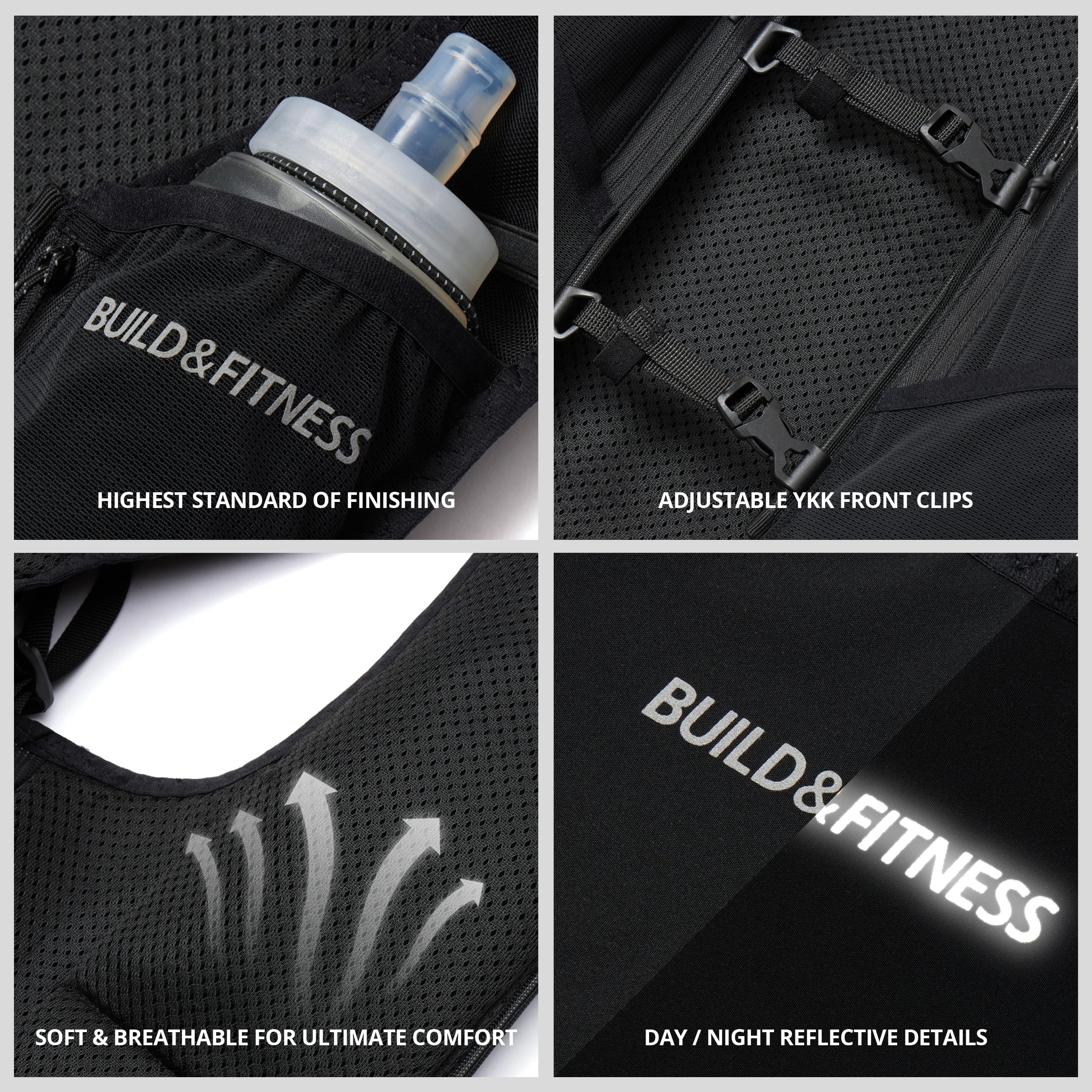 Gilet di idratazione LITEVEST Build & Fitness con 2 borracce morbide da 500 ml – 7 tasche, traspirante, comodo, sicuro ed elegante per trail running, maratone e corse quotidiane