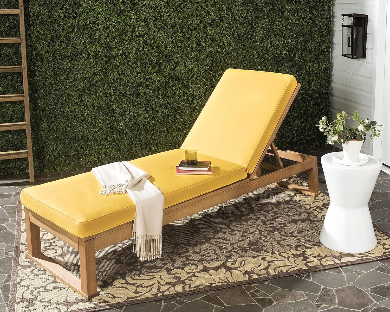 SAFAVIEH Outdoor Collection Solano Natural Brown Solid Wood/Yellow Cushion Patio Adjustable Chaise Lounge Chair (PAT7024B)