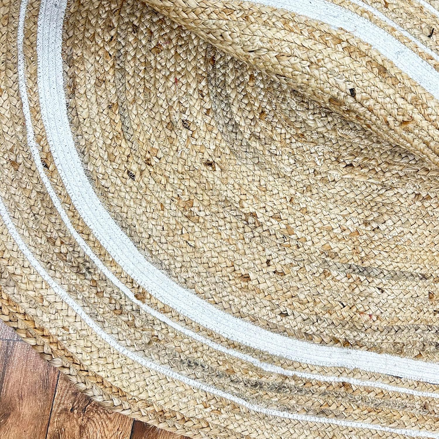 Jute Area Rug 10x18 Handmade Fiber Jute Rugs White Border Pattern Boho Oval Rug Thick 0.27" Hand Braided Rugs Ideal for High Traffic Area Living Room Bedroom Dining Room & Home Décor