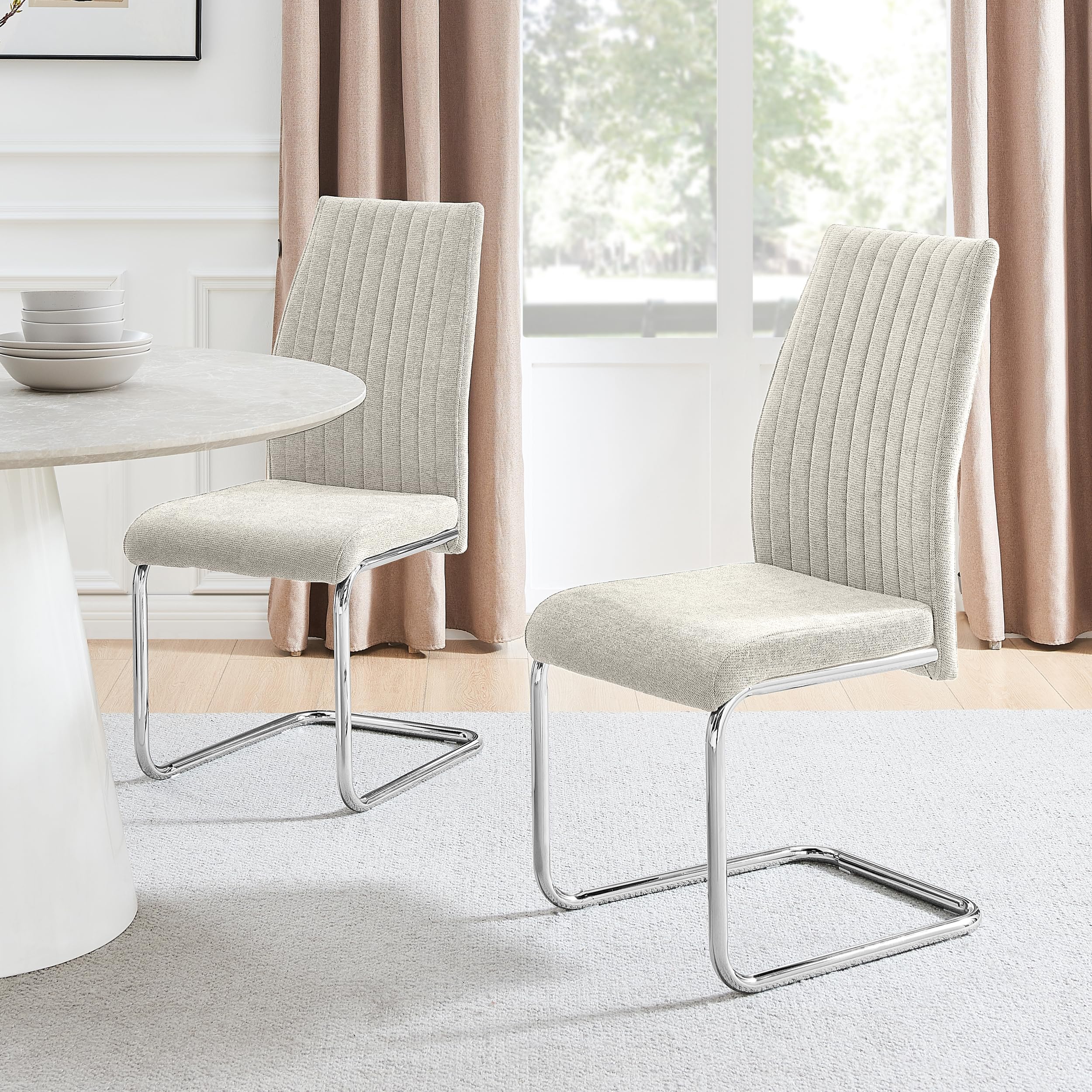 Furniturebox UK Lorenzo Cream Fabric Dining Chairs - Chrome Silver Metal Legs - Pair - Cantilever Leg Frame - Vertical Stitching - Modern Dining/Kitchen Furniture
