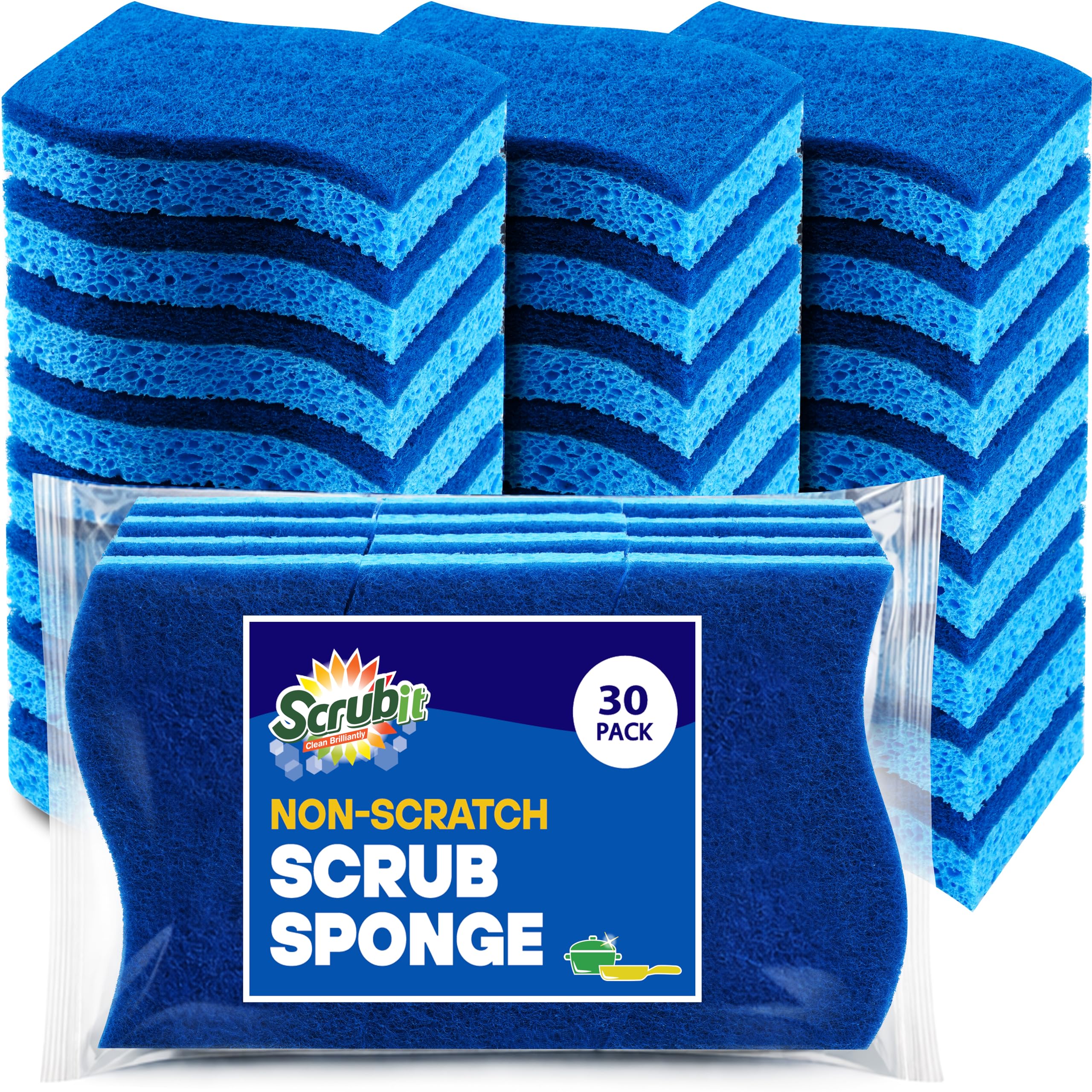 Scrubit Blue Sponges For Kitchen And Household Use, Dish Sponge, 30 Pack Kitchen Sponges, Non-Scratch Cleaning Sponges For Dishes