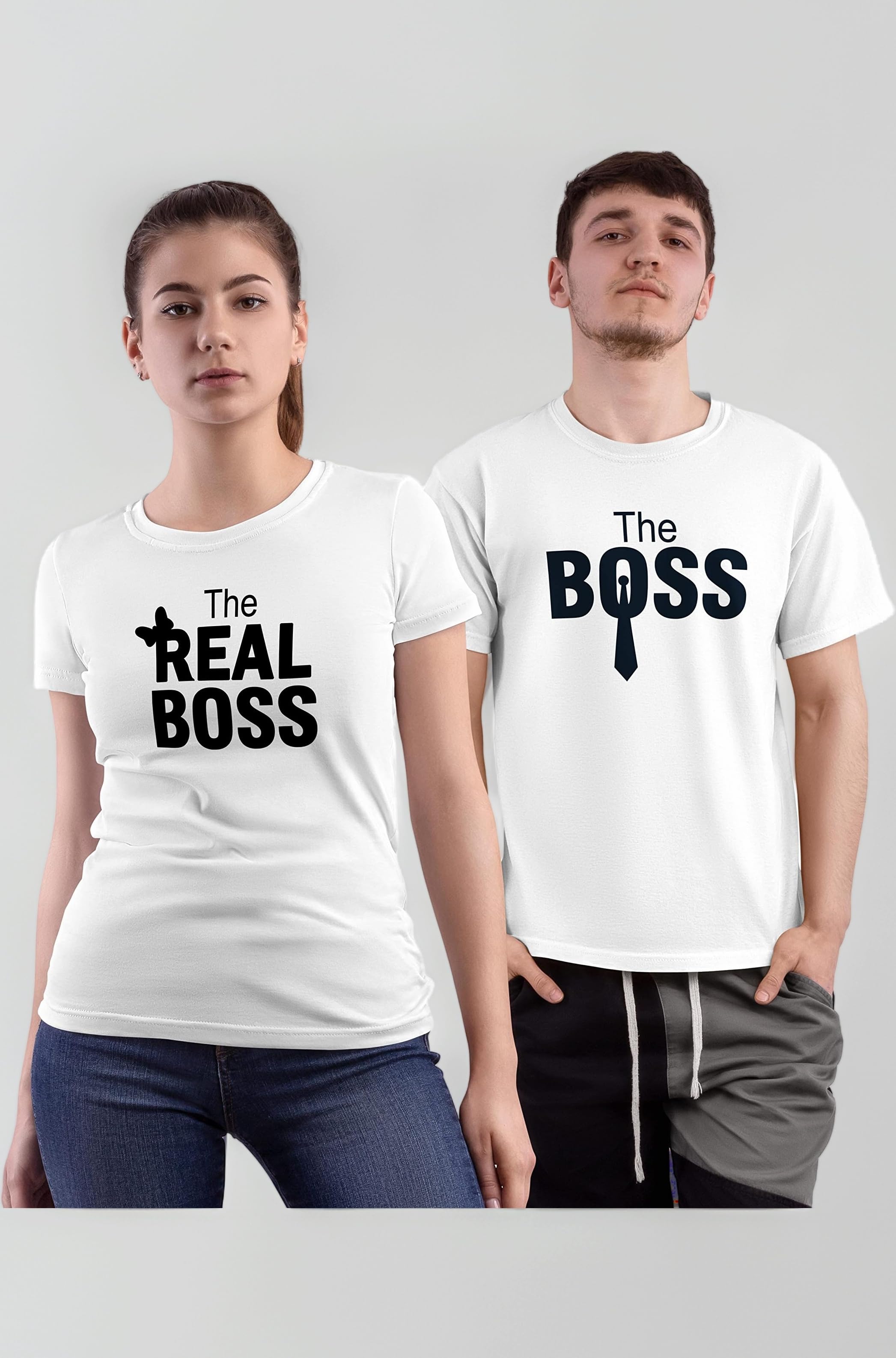 The Boss & The Real Boss Regular Fit T-Shirt for Men & Women/Couples, T-Shirt for Husband and Wife, Girlfriend and Boyfriend, Honeymoon White