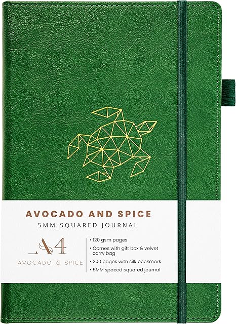 Square Paper Notebook A4 by Avocado and Spice® with Gift Box & Velvet Bag  A4 Notebooks Faux Leather - Travel Journal Grid Notebook A4 - Notebook A4 Squared 200 Thick Pages (Green, Squared)