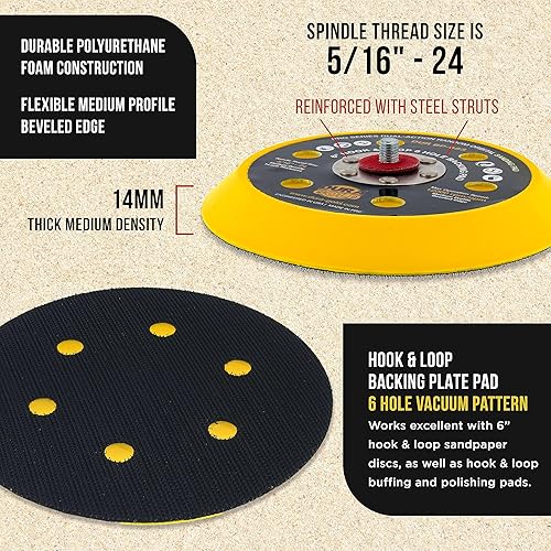 Miniatura 3 de Dura-Gold Serie Pro 6" Almohadilla de respaldo con cierre de gancho y bucle DA, patrón de 6 agujeros sin polvo - 14mm de espesor, perfil medio