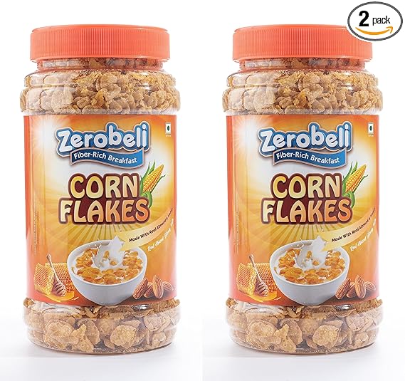 Zerobeli Real Honey and Almond Corn Flakes, 600 g (Pack of 300g x 2)| No Refined White Sugar|