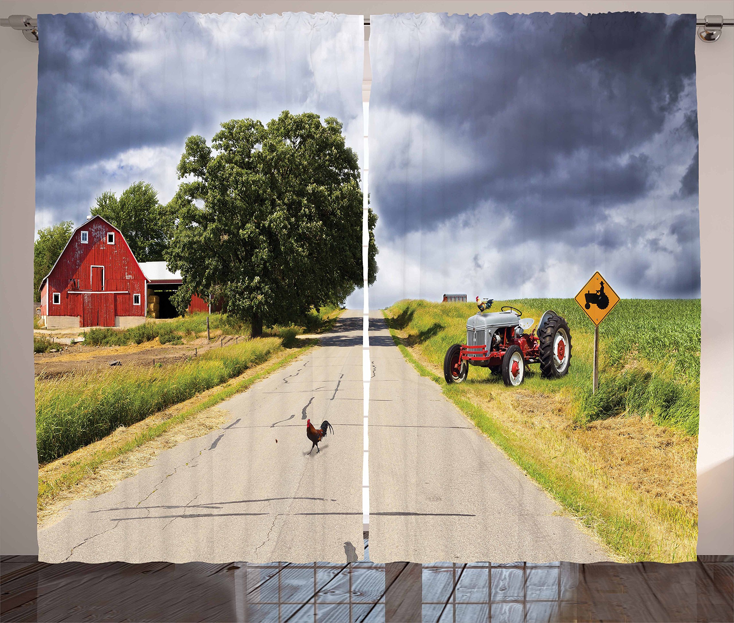Ambesonne Rural Curtains, Farmhouse on The Country Road Barn and Tractor Side in Stormy Day Picture, Living Room Bedroom Window Drapes 2 Panel Set, 108" X 63", Grey Green