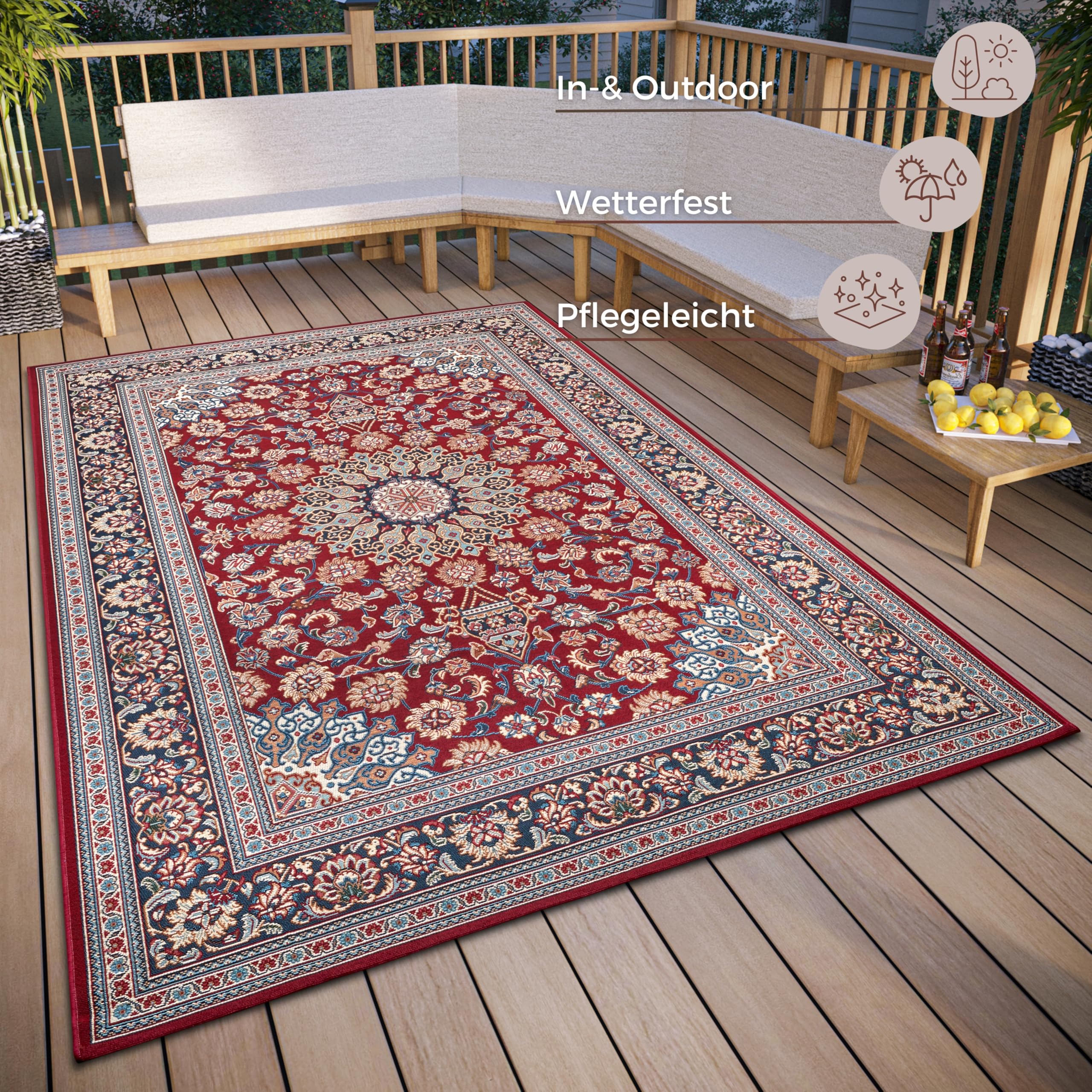 Hanse Home Kadi Alfombra oriental para interior y exterior, tejido plano oriental, diseño clásico, certificado Öko-Tex resistente a la intemperie y a los rayos UV, para balcón, terraza, jardín, rojo y