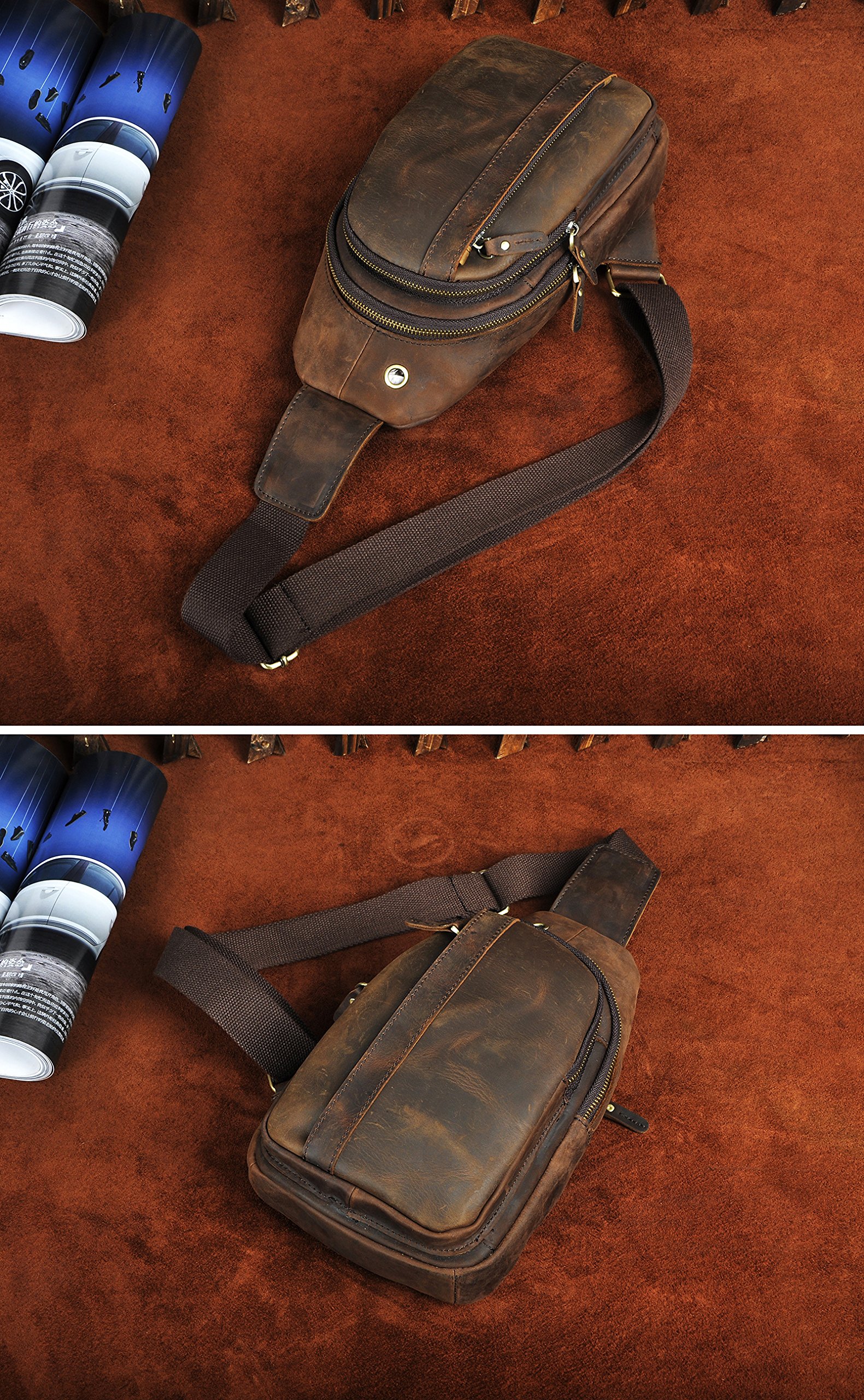 Le'aokuu Hombres Cuero Genuino vendimia Bolsos cruzados bolsa de tableta/paraguas/té bolsa mochila correa para el hombro cruz cuerpo y bolsa de mensajero y bolsa de pecho