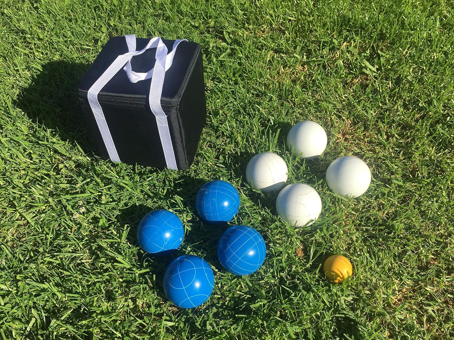 BuyBocceBalls Listing - Unique Bocce Set - 107mm with Blue and White Balls, Black Bag
