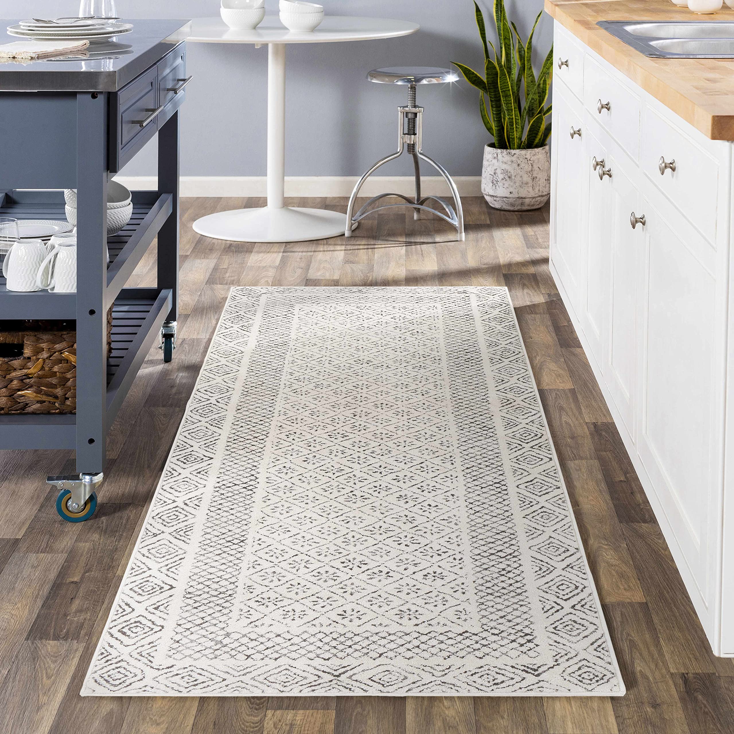 Hauteloom Burdette Modern Farmhouse Hallway Entryway Runner Rug - Bordered - Boho, Bohemian Long Carpet - Gray, Ivory, Charcoal, Beige, Cream, Grey - 2'7