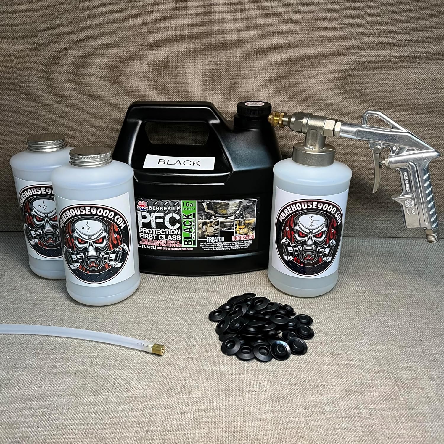 Gallon PFC Black, Pro Undercoating Spray Gun, 24" Straight Wand, 3 White Quart Bottles, and 50 Rust Plugs
