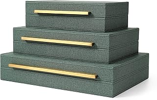 Kingflux Faux Leather Set of 3 Pcs Decorative Boxes, Storage Boxes Linen Fabric Texture For Jewelry Organizer, Men's Acces...