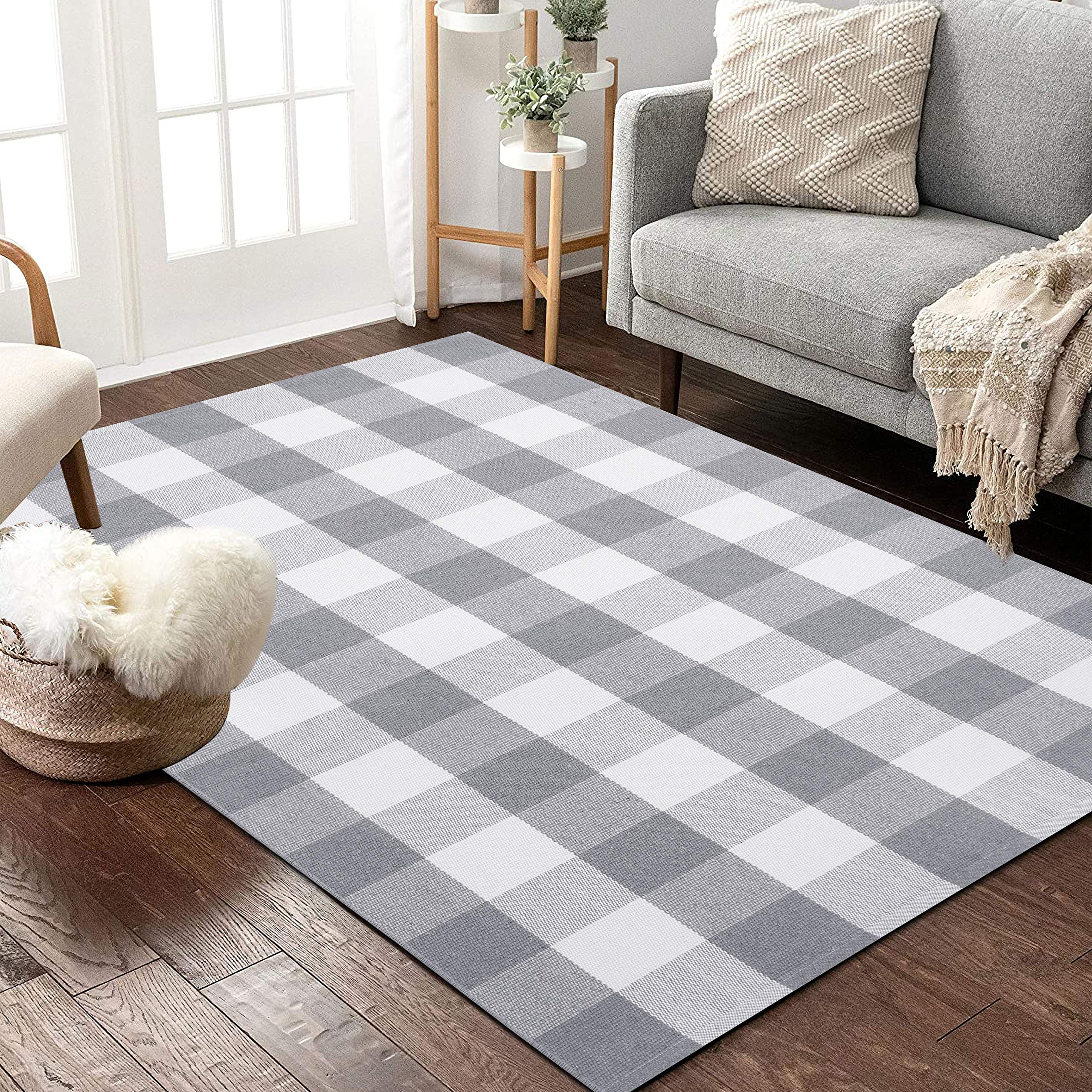KOZYFLYBuffalo Plaid Area Rugs 3x5 Ft Gray and White Checkered Rug Washable Front Door Mat Hand Woven Cotton Outdoor Rug Large Rug for Front Porch Kitchen Entryway Patio Bathroom