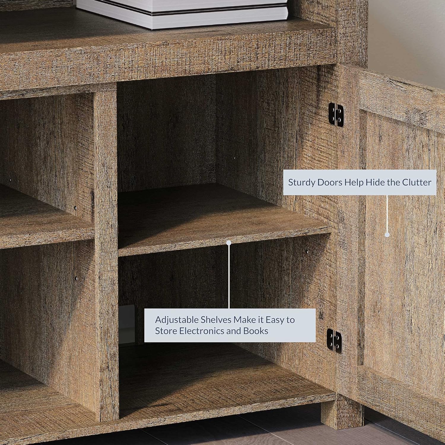 ภาพระยะใกล้ view of the TV stand's adjustable shelves and barn doors