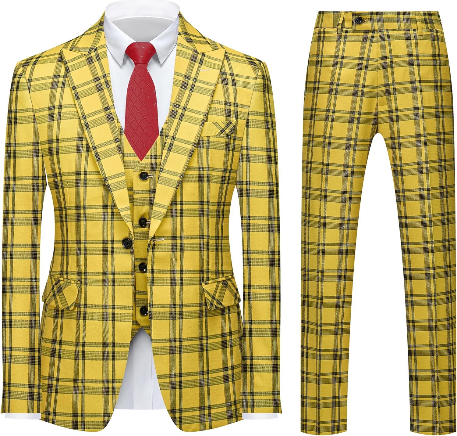 MOGU Suits for Men, 3-Piece Plaid Suit Set with Blazer, Vest and Pants for Wedding, Prom, Business